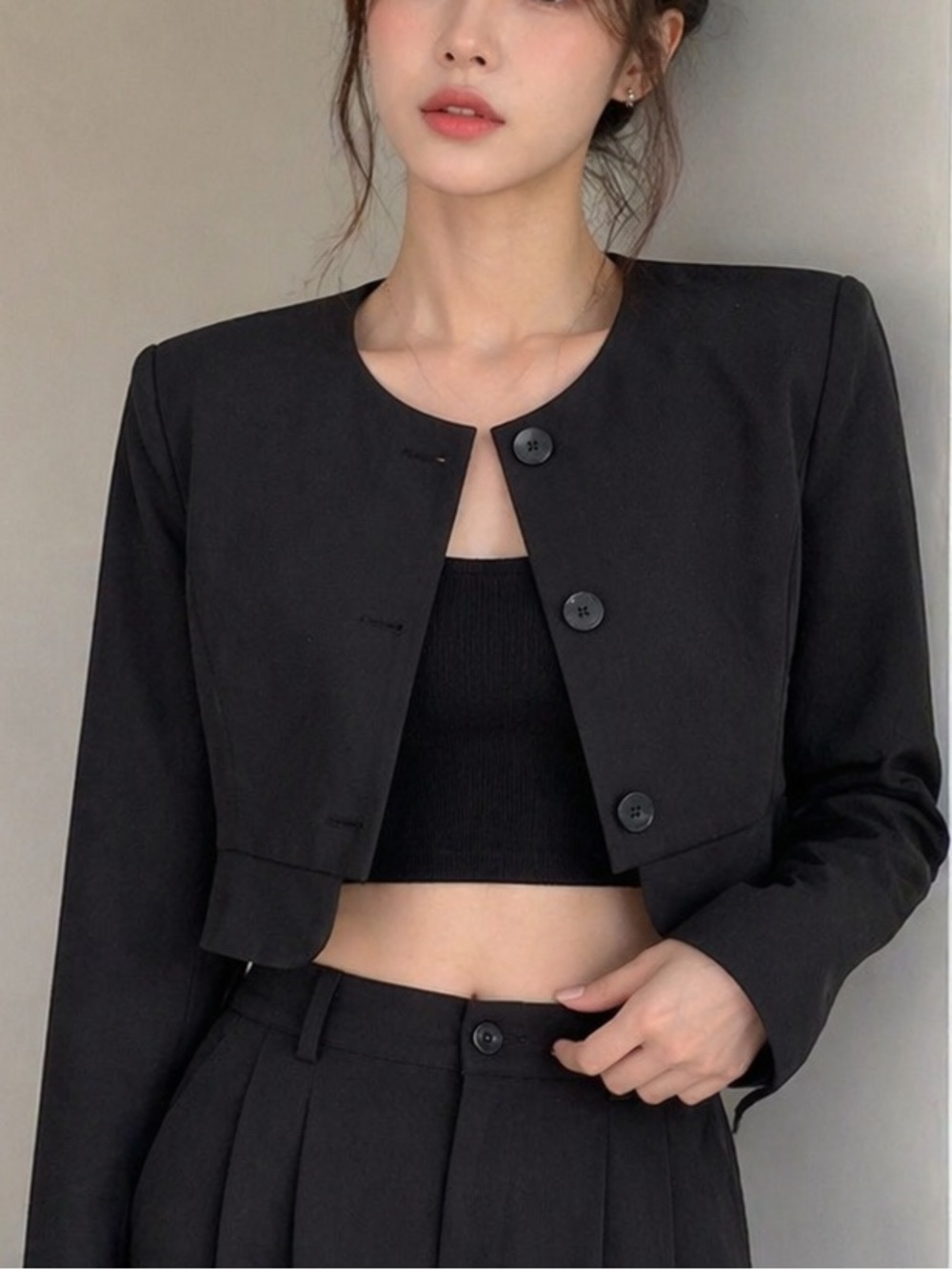 Cropped Black Blazer Womens XS Minimalist Fitted Open Front Jacket ThreeTimes